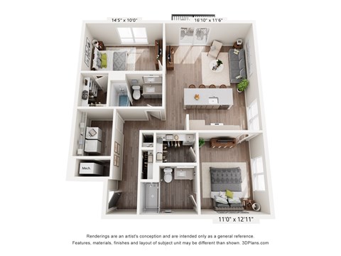 Floor plan for 2 beds, 2 baths, 1150 sqft